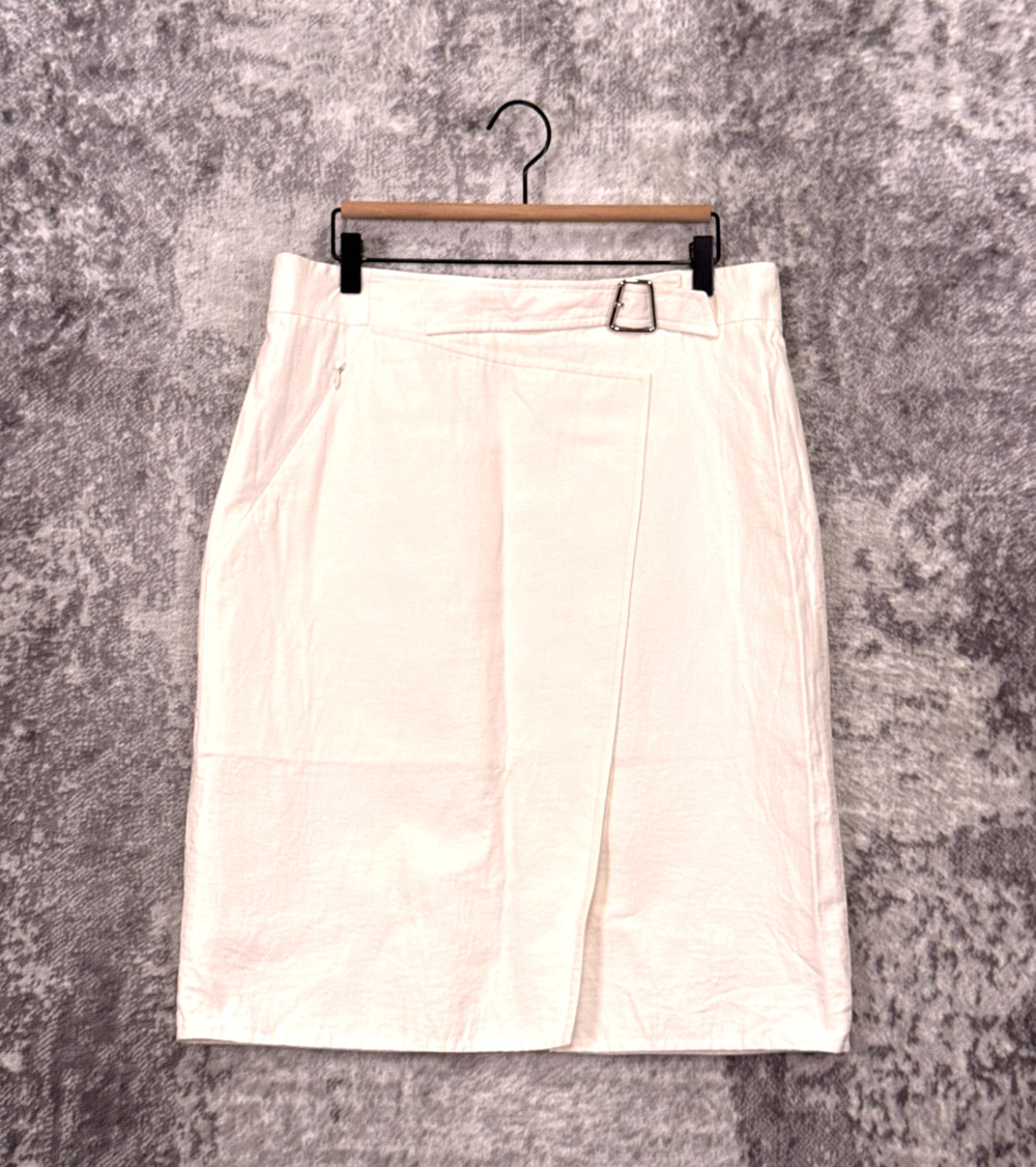 Akris Cotton Silk Skirt US 12 Womens Ivory Cross Belt Wrap Pencil